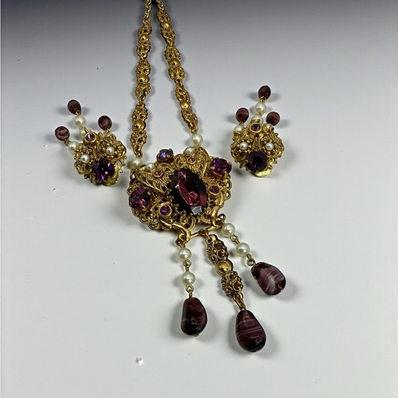 Vintage W Germany Purple Glass Filigree Necklace Earrings Set Parure - Picture 4 of 17